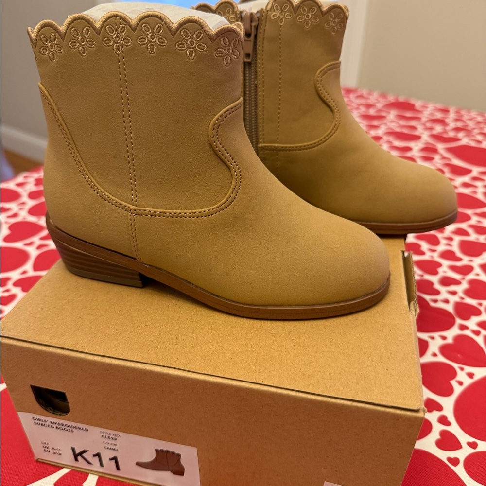 Girls' Crewcuts Embroidered Suede Boots - Camel